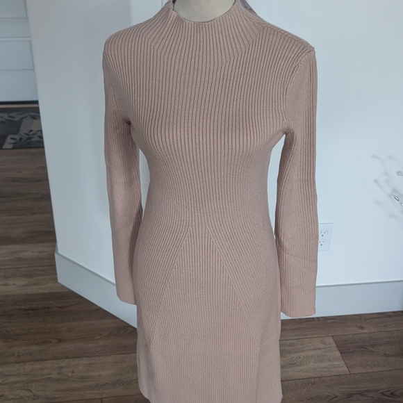 Mock Neck Ribbed Long Sleeve Midi Dress - Blush - Picture 9 of 14